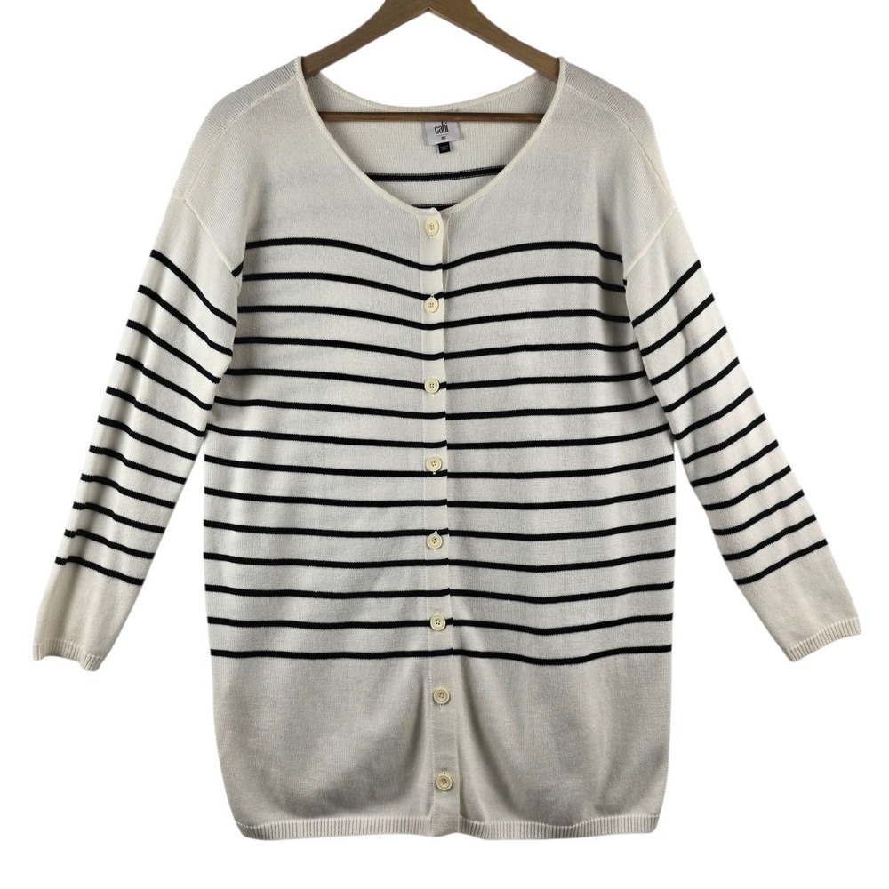 Cabi Cardigan Sweater Cream Black Striped Long Sleeve Button Front Knit Top XS